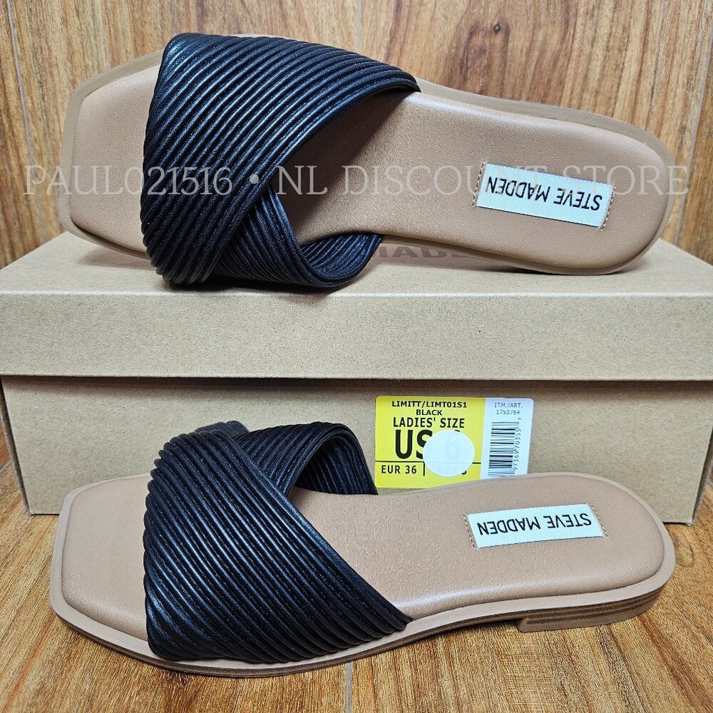 STEVE MADDEN Women's Limitt Leather Textured Slide Sandals, Black